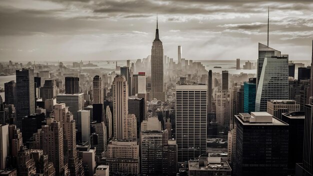 Fotografía vertical a escala de gris de los edificios y rascacielos de la ciudad de Nueva York, Estados Unidos