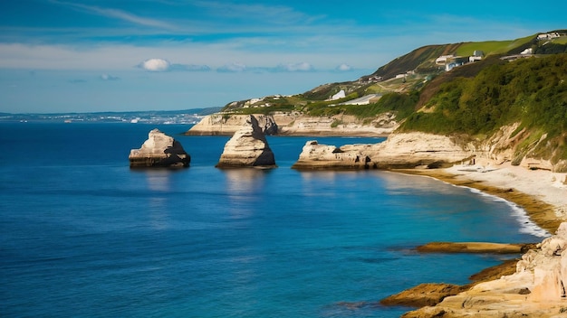 Fotografía vertical de formaciones rocosas en el hermoso mar azul claro de Guernsey