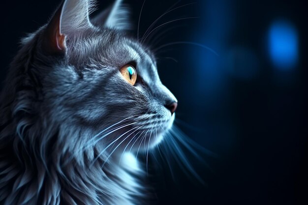 fotografía vertical de un gato gris con azul