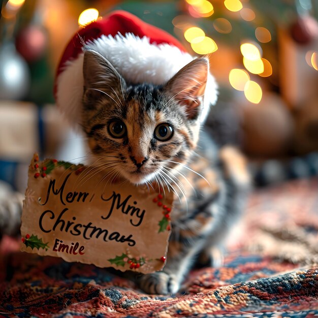 Fotografia vertical gratuita de gato branco e preto com chapéu de Papai Noel com ornamentos em um t