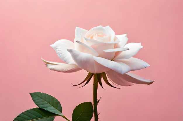 fotografía vertical de una hermosa rosa blanca pegada a una pared rosada