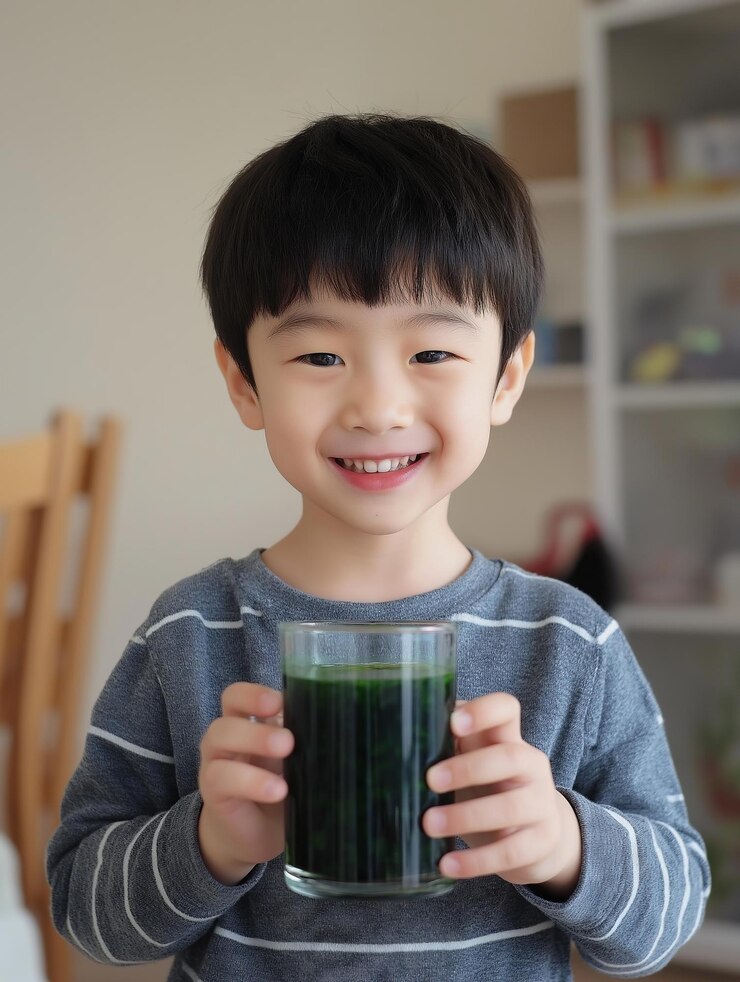 Una fotografía vertical de un niño asiático de 5 años sosteniendo una taza de vidrio llena de líquido verde oscuro en h