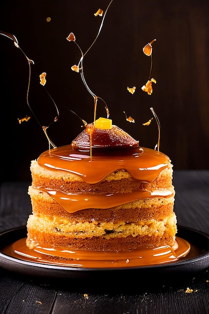 fotografía vertical de panqueques con mantequilla de jarabe y nueces asadas en un plato de madera generada por IA