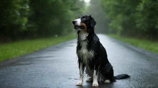 Foto fotografía vertical de un perro mojado solitario mirando hacia arriba después de una fuerte lluvia