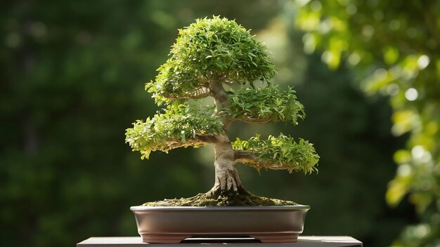 Fotografía vertical de una planta de bonsai sobre un fondo borroso