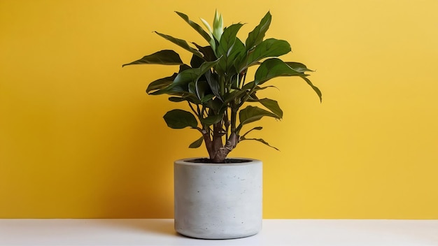 Fotografía vertical de una planta de interior en una maceta de hormigón sobre un fondo blanco