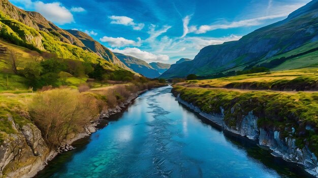 Fotografía vertical de un río rodeado de montañas y prados en Escocia