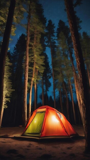 Fotografía vertical de una tienda de campamento cerca de los árboles durante la noche