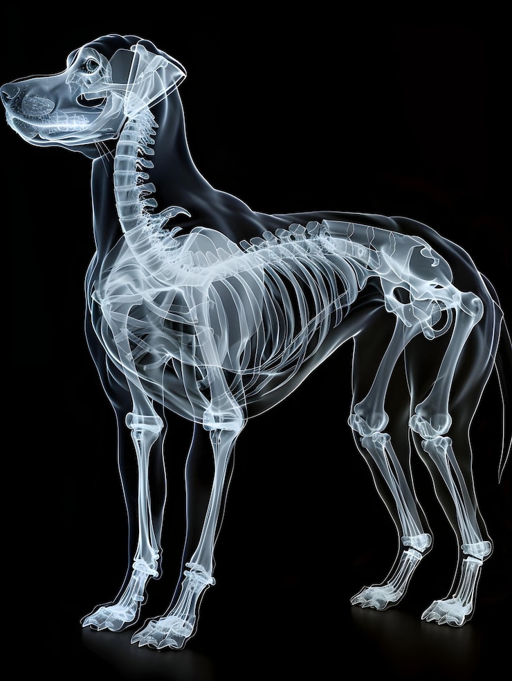 Foto fotografia veterinária de raios-x da estrutura esquelética de um cão