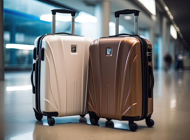 Fotografía de viaje de moda de dos maletas de plástico de pie en el pasillo vacío del aeropuerto Bolsas de equipaje elegantes esperando en la sala de la terminal creadas con tecnología de IA generativa