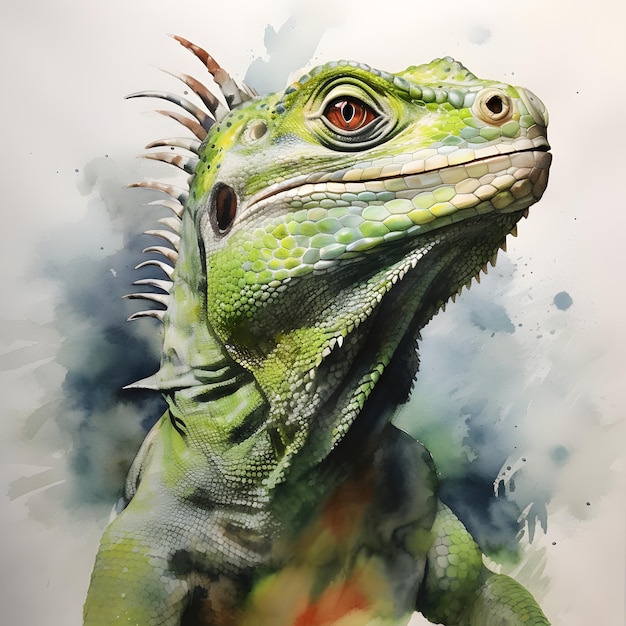 Fotografía de una vibrante iguana verde capturada en una fascinante pintura en acuarela