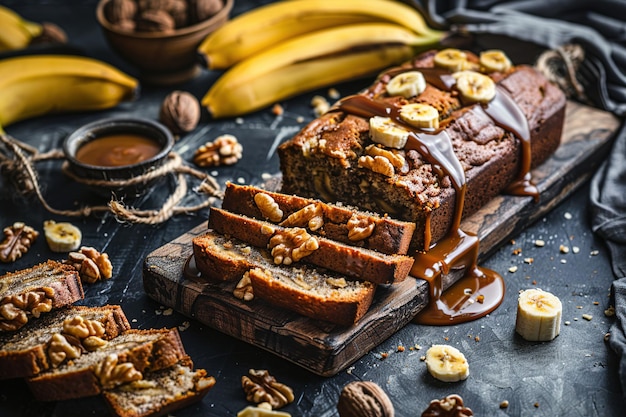 Fotografía de vida muerta de pan de plátano con nueces y foto de comida con caramelo