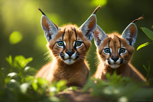 Fotografía de vida silvestre de adorables cachorros de caracal salvaje jugando en su hábitat natural