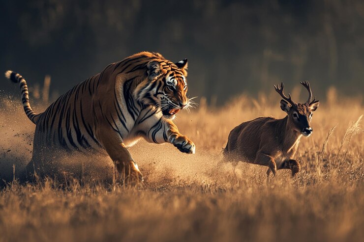 Fotografía de vida silvestre de alta calidad de un tigre cazando un ciervo