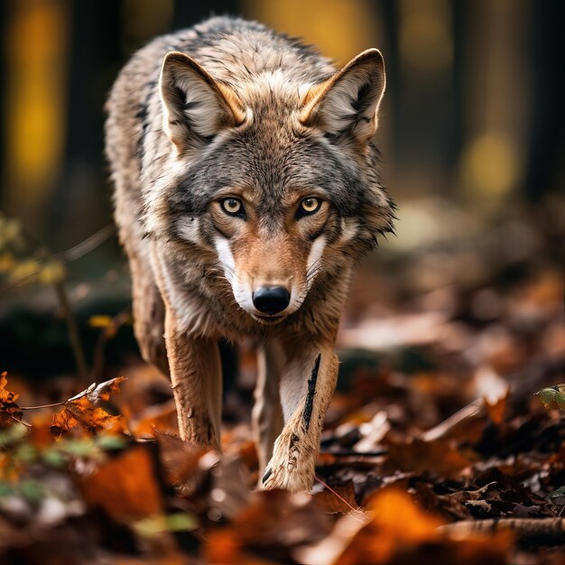 Fotografía de vida silvestre de un coyote feroz en el bosque