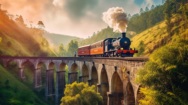 Una fotografía del viejo tren de vapor en el puente de arco