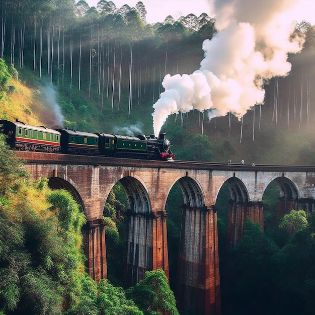 Una fotografía del viejo tren de vapor en el puente de arco