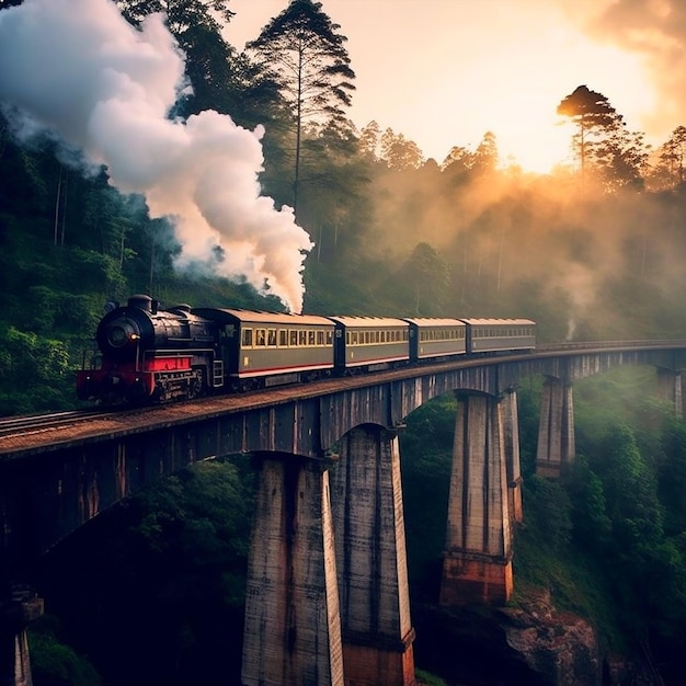 Una fotografía del viejo tren de vapor en el puente de arco