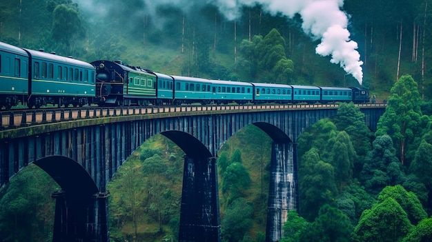 Una fotografía del viejo tren de vapor en el puente de arco