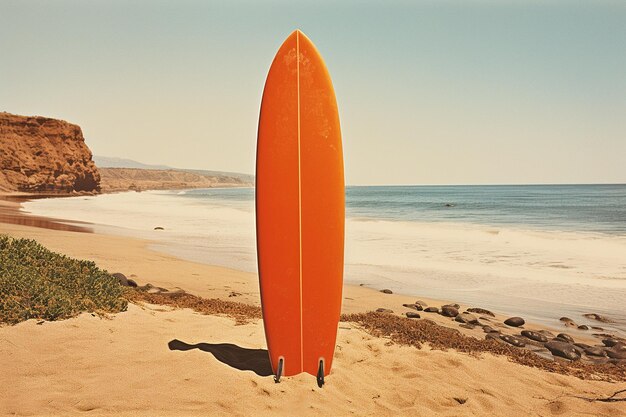 Foto fotografia vintage de uma prancha de surf laranja generativa por ai