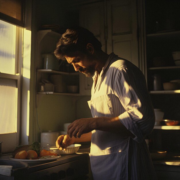 Foto fotografía vintage de un hombre cocinando en la escena cotidiana de los años 80 estilo polaroid vintage