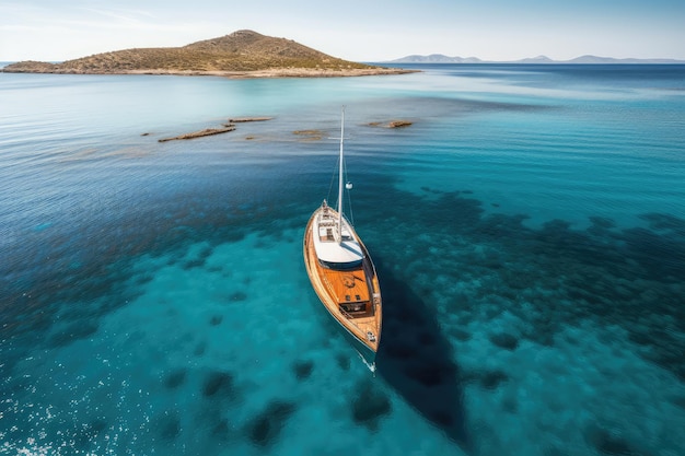 Fotografía a vista de drones de un yate de lujo con cubierta de madera generado por IA