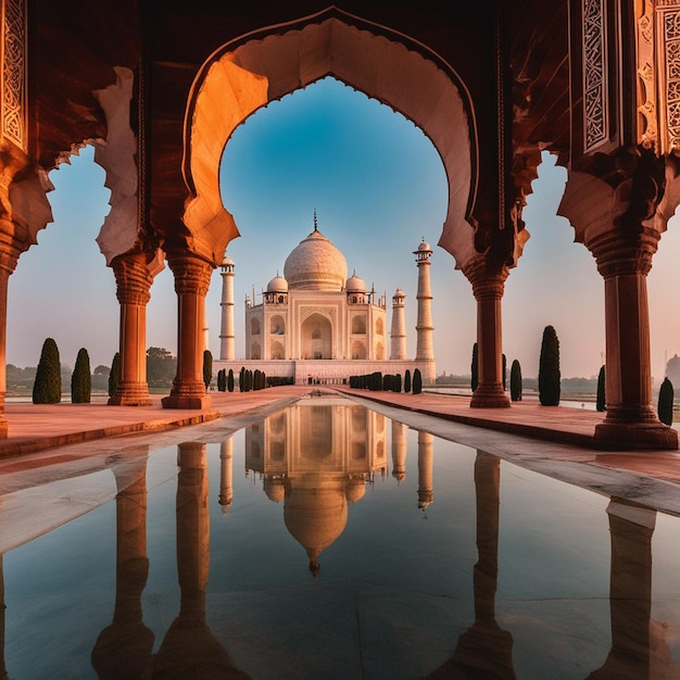 Una fotografía de vista frontal de vista lateral de agra taj mahal