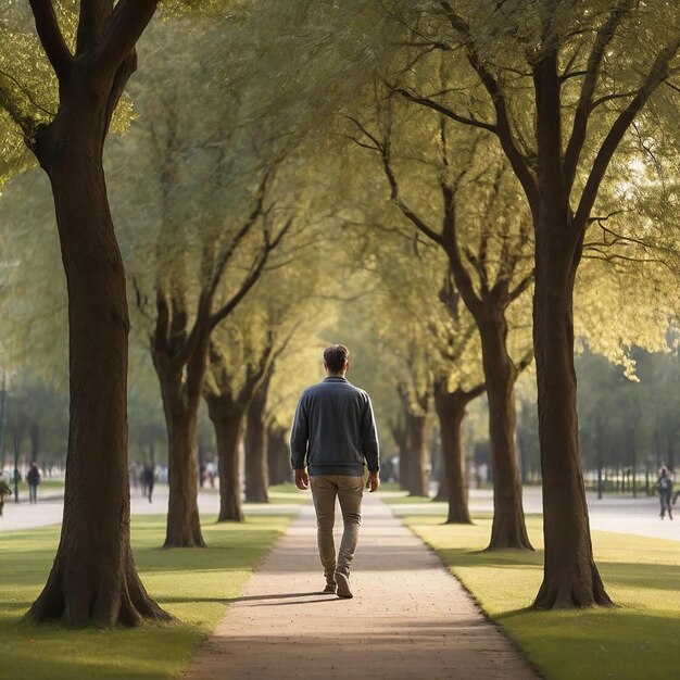 Fotografía de la vista trasera a toda longitud de un hombre caminando por los árboles en el parque