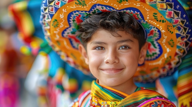 Fotografía vívida de un niño mexicano con ropa tradicional y un colorido sombrero