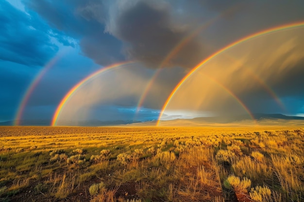 Una fotografía vívida y vibrante que captura la impresionante vista de dos arco iris arqueándose a través del cielo Arco iris doble vibrante después de una breve tormenta Generado por IA