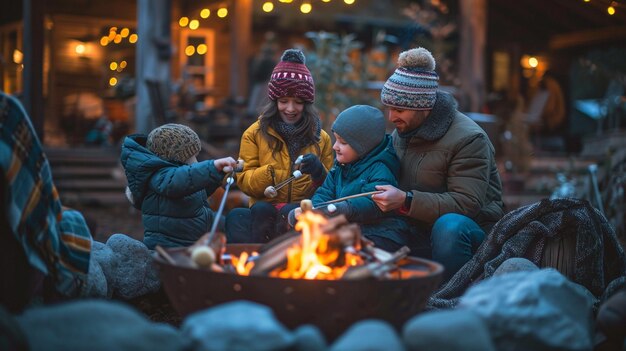 Foto fotografia xaa de uma cena de inverno aconchegante com uma família assando marshmallows sobre uma fogueira estalando