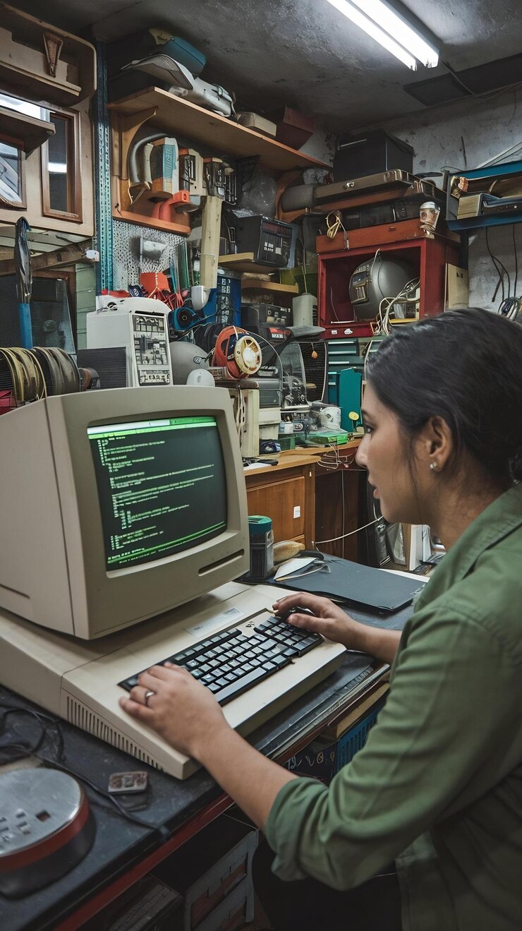 Foto fotografía en zoom de una ingeniera de software hispana programando en una vieja computadora de escritorio en retro gar