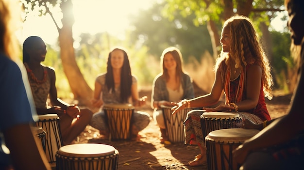 Fotografiar un círculo de tambores en un entorno de aldea enfatizando la importancia cultural de los tambores en la comunidad