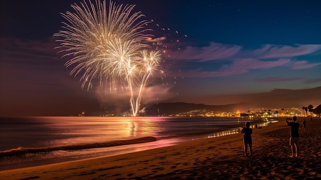 Fotografiar fuegos artificiales en la playa en el mar y en Nochevieja GENERAR IA