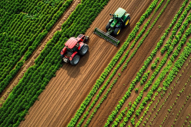 Foto fotografias aéreas de agricultores a operar tractores equipados com semeadoras