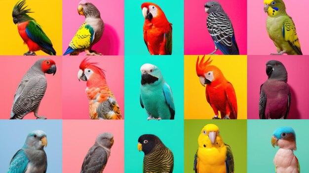 Foto fotografías coloridas de las cabezas de las aves contra fondos vibrantes