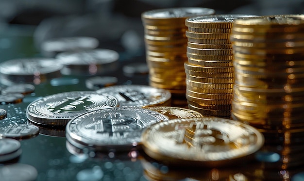 Fotografías de criptomonedas en una superficie reflectante