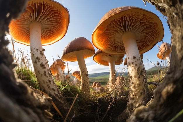 Fotografias de close de cogumelos usando uma lente de olho de peixe para uma perspectiva distorcida