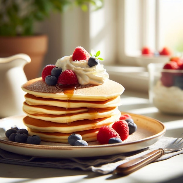 Foto fotografias de deliciosas panquecas com frutas frescas