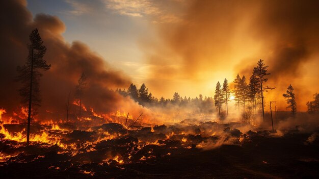 Fotografias de um incêndio florestal árvores em chamas fogo e fumaçaxA