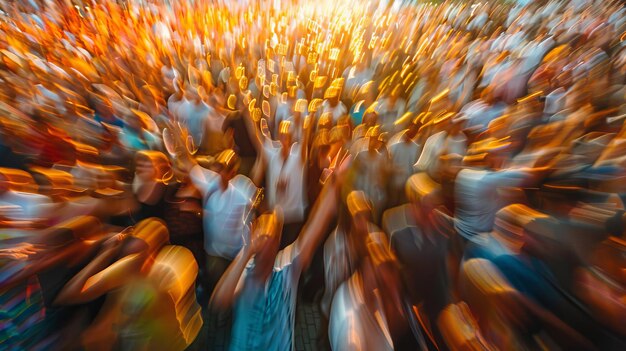 Fotografías detalladas de multitudes de conciertos con desenfoque intencional que capturan la energía y la emoción de los eventos de música en vivo transmiten una ilustración generada por IA