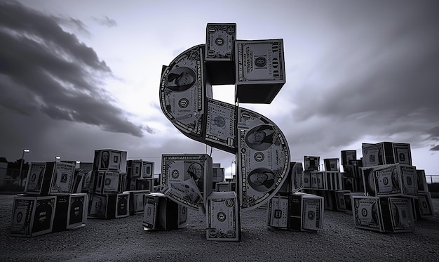 Fotografias financeiras dispostas na forma de um sinal de dólar