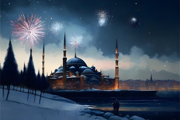 Fotografías de fuegos artificiales de paisajes de invierno y Hagia Sophia en el fondo diversión y festividades de Año Nuevo