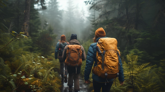 Fotografías naturales auténticas Amigos caminando en un bosque pintoresco