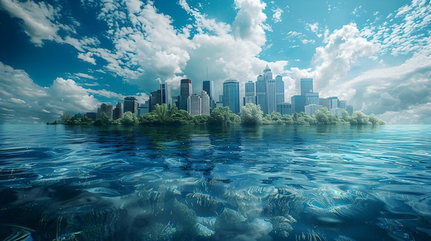 Fotografías realistas de inundaciones de cambio con fondos que representan el aumento del nivel del mar como símbolos del calentamiento global