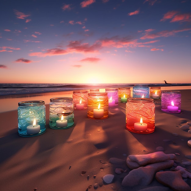 Fotografías renderizadas en 3D de velas de colores en la playa