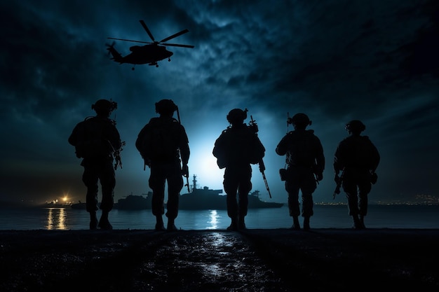 Fotografías de siluetas militares por la noche