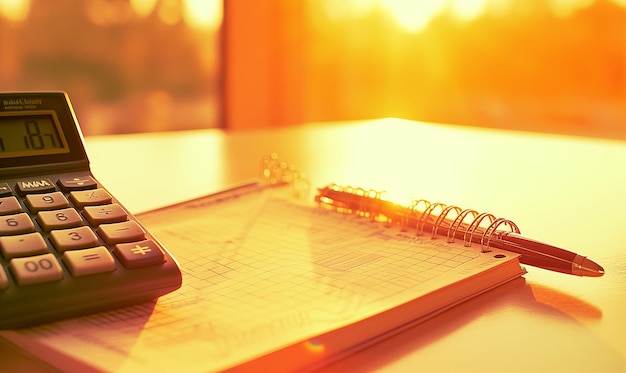 Foto fotografías vibrantes con una calculadora con un bloc de notas y un bolígrafo