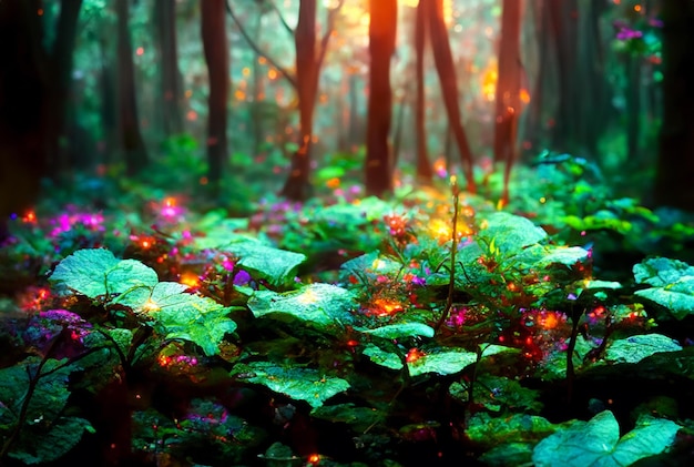 Fotografie aus der Nähe Magischer Wald mit lebendigen, leuchtenden Pflanzen Hintergrund