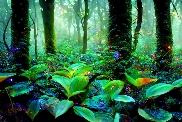 Fotografie aus der Nähe Magischer Wald mit lebendigen, leuchtenden Pflanzen Hintergrund